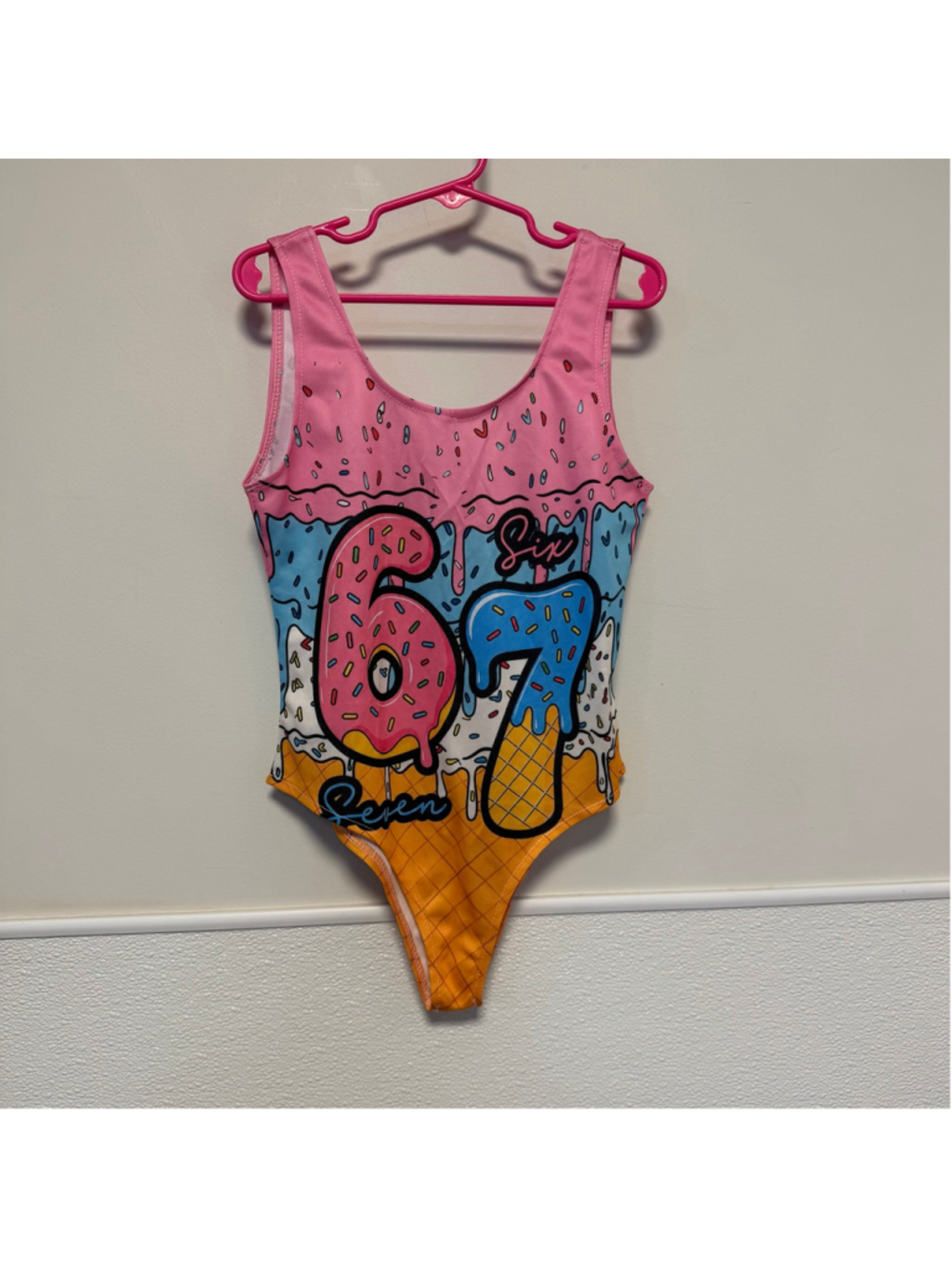 Girls Donut Ice Cream One Piece Swimsuit Size 7-8 Y 67 Pink Blue thin material